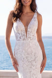 Vestido de Noiva Boémio Boémio com Decote em V, Decote em V, Renda em V, Sereia