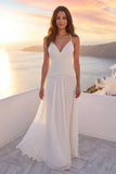 Vestido de Noiva de Praia Linha A com Decote em V, Franzido, com Pérolas