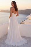 Vestido de Noiva de Praia Linha A com Decote em V, Franzido, com Pérolas
