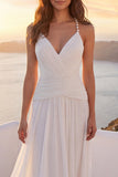 Vestido de Noiva de Praia Linha A com Decote em V, Franzido, com Pérolas