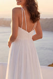 Vestido de Noiva de Praia Linha A com Decote em V, Franzido, com Pérolas