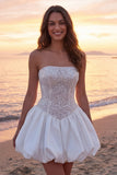 Vestido de noiva corset brilhante em marfim sem alças A Line Short com lantejoulas