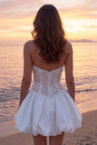 Vestido de noiva corset brilhante em marfim sem alças A Line Short com lantejoulas