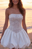 Vestido de noiva corset brilhante em marfim sem alças A Line Short com lantejoulas