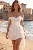 Com folhos no ombro A Linha Curta Corset Marfim Vestido de Graduação com Laço