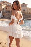 Com folhos no ombro A Linha Curta Corset Marfim Vestido de Graduação com Laço