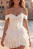 Com folhos no ombro A Linha Curta Corset Marfim Vestido de Graduação com Laço