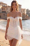Vestido de Noiva Curto Corset Marfim Franzido com Ombros Descobertos e Folhos
