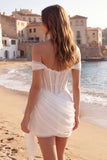 Vestido de Noiva Curto Corset Marfim Franzido com Ombros Descobertos e Folhos