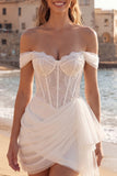 Vestido de Noiva Curto Corset Marfim Franzido com Ombros Descobertos e Folhos