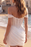 Vestido de Noiva Curto Corset Marfim Franzido com Ombros Descobertos e Folhos