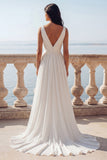 Vestido de Noiva em Chiffon Franzido em Marfim com Decote em V, linha A