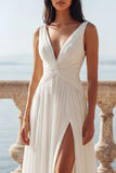 Vestido de Noiva em Chiffon Franzido em Marfim com Decote em V, linha A