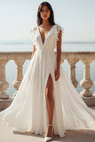 Vestido de Noiva em Chiffon A Line com Decote em V Marfim e Abertura