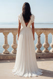 Vestido de Noiva em Chiffon A Line com Decote em V Marfim e Abertura