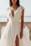 Vestido de Noiva em Chiffon A Line com Decote em V Marfim e Abertura