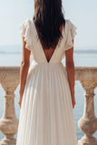 Vestido de Noiva em Chiffon A Line com Decote em V Marfim e Abertura