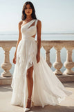 Vestido de Noiva de Chiffon com Folhos Recortados em Marfim Um Ombro