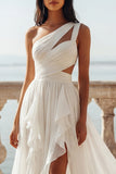 Vestido de Noiva de Chiffon com Folhos Recortados em Marfim Um Ombro