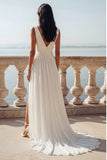 Vestido de Noiva Cauda Varrida com Decote em V, Chiffon em Marfim,
