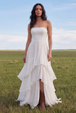 Vestido de Noiva Boho com Folhos e Linha A sem alças e abertura