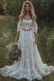 Vestido de Noiva Boémio Corset Marfim com Renda Fora do Ombro