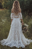 Vestido de Noiva Boémio Corset Marfim com Renda Fora do Ombro