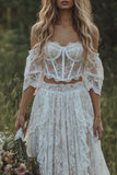 Vestido de Noiva Boémio Corset Marfim com Renda Fora do Ombro