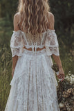 Vestido de Noiva Boémio Corset Marfim com Renda Fora do Ombro
