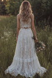 Vestido de Noiva Boémio de 2 peças com folhos em renda marfim