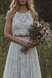 Vestido de Noiva Boémio de 2 peças com folhos em renda marfim