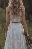 Vestido de Noiva Boémio de 2 peças com folhos em renda marfim