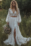 Vestido de Noiva Boémio de Manga Longa com Folhos em Marfim de Renda, Marfim