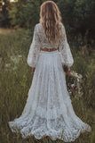 Vestido de Noiva Boémio de Manga Longa com Folhos em Marfim de Renda, Marfim