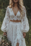 Vestido de Noiva Boémio de Manga Longa com Folhos em Marfim de Renda, Marfim