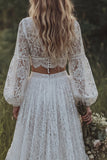 Vestido de Noiva Boémio de Manga Longa com Folhos em Marfim de Renda, Marfim