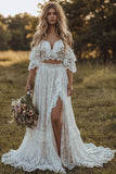 Vestido de Noiva Boémio de 2 peças com Renda Ombro Descoberto