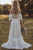 Vestido de Noiva Boémio de 2 peças com Renda Ombro Descoberto