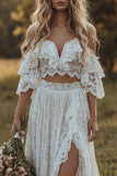 Vestido de Noiva Boémio de 2 peças com Renda Ombro Descoberto