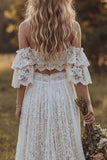 Vestido de Noiva Boémio de 2 peças com Renda Ombro Descoberto