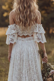 Vestido de Noiva Boémio de 2 peças com Renda Ombro Descoberto