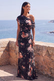 Vestido formal longo de sereia preta com flor franzida em chiffon com um ombro