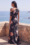 Vestido formal longo de sereia preta com flor franzida em chiffon com um ombro