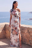 Vestido formal longo de sereia preta com flor franzida em chiffon com um ombro