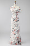 Vestido formal longo de sereia preta com flor franzida em chiffon com um ombro