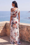 Vestido formal longo de sereia preta com flor franzida em chiffon com um ombro