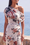 Vestido formal longo de sereia preta com flor franzida em chiffon com um ombro