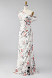 Vestido formal longo de sereia preta com flor franzida em chiffon com um ombro