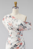 Vestido formal longo de sereia preta com flor franzida em chiffon com um ombro