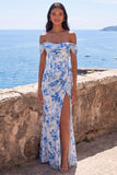 Vestido Maxi franzido com flor azul sereia, chiffon no ombro e fenda